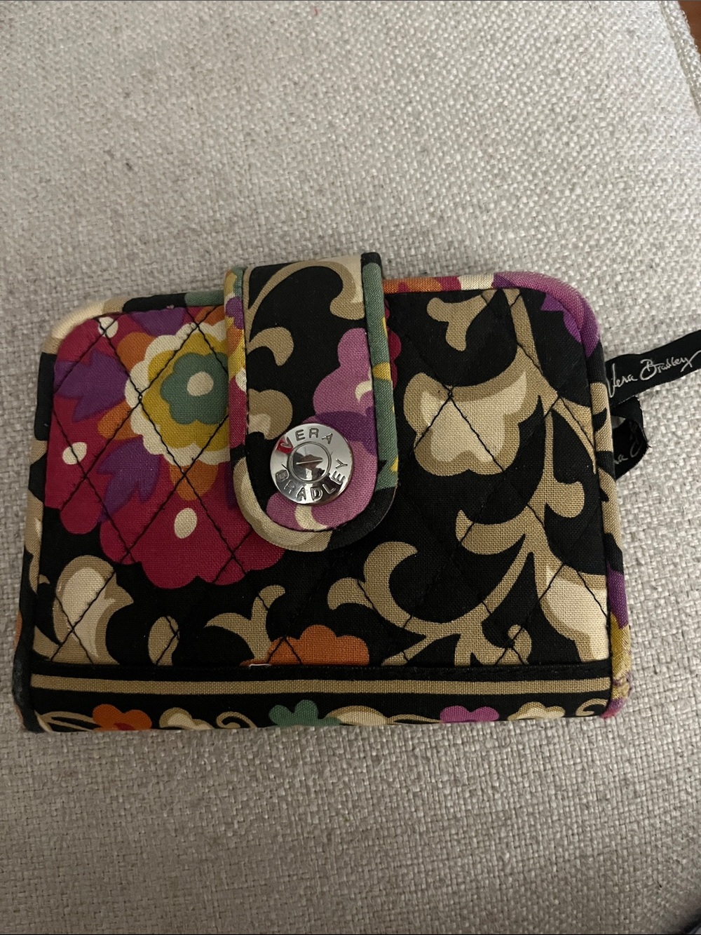 Vera Bradley Black Quilted Floral Snap Wallet with Multicolor Accents